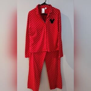 H&M Disney Red Polka Dot Mickey Mouse Pajama Set Button Front Top Pants S M